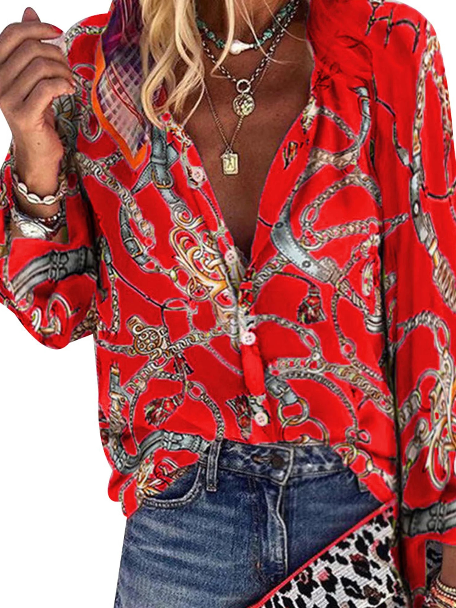 JustVH Women's Chain Print Casual Loose Long Sleeve Lapel Neck Shirt Blouses | Walmart (US)