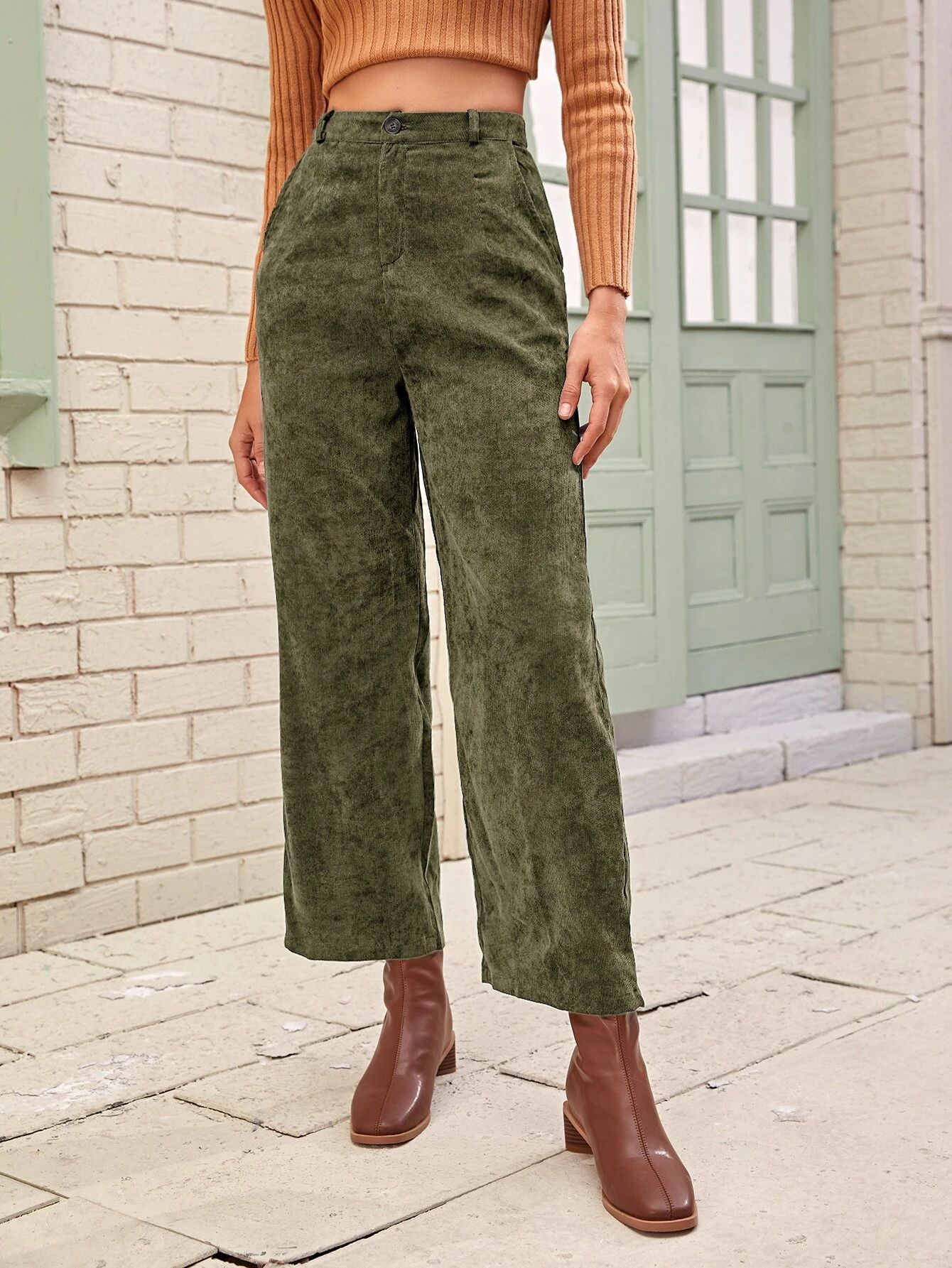 Solid Slant Pocket Corduroy Pants | SHEIN