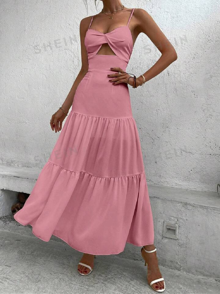 SHEIN LUNE Women's Twisted Knot Design Ruffle Trim Maxi Length Cami Dress For Summer | SHEIN USA | SHEIN