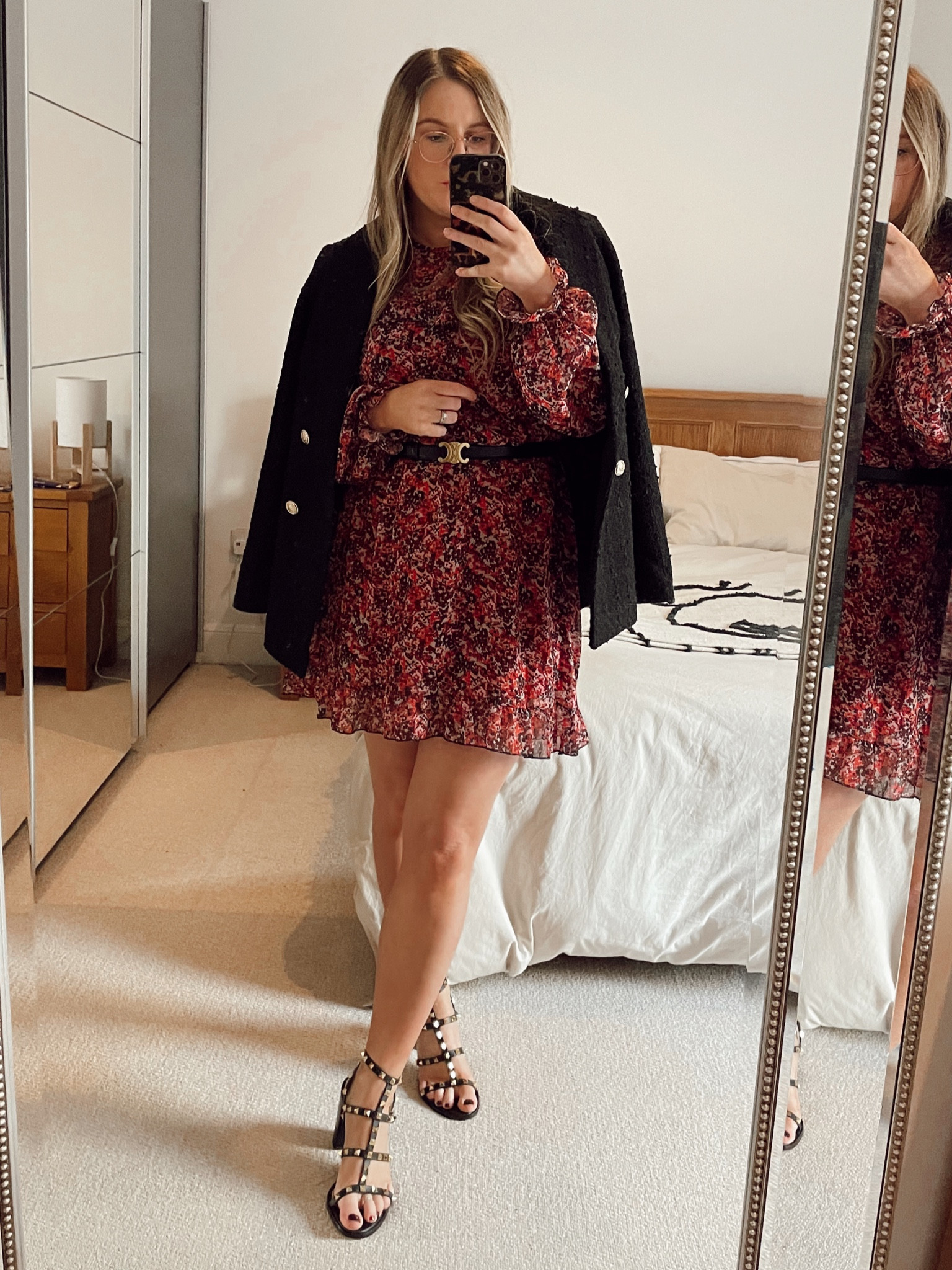 Cute floral date night pink red dress with black and gold rockstud sandals and h&m boucle blazer! 

#LTKunder50 #LTKeurope #LTKSeasonal