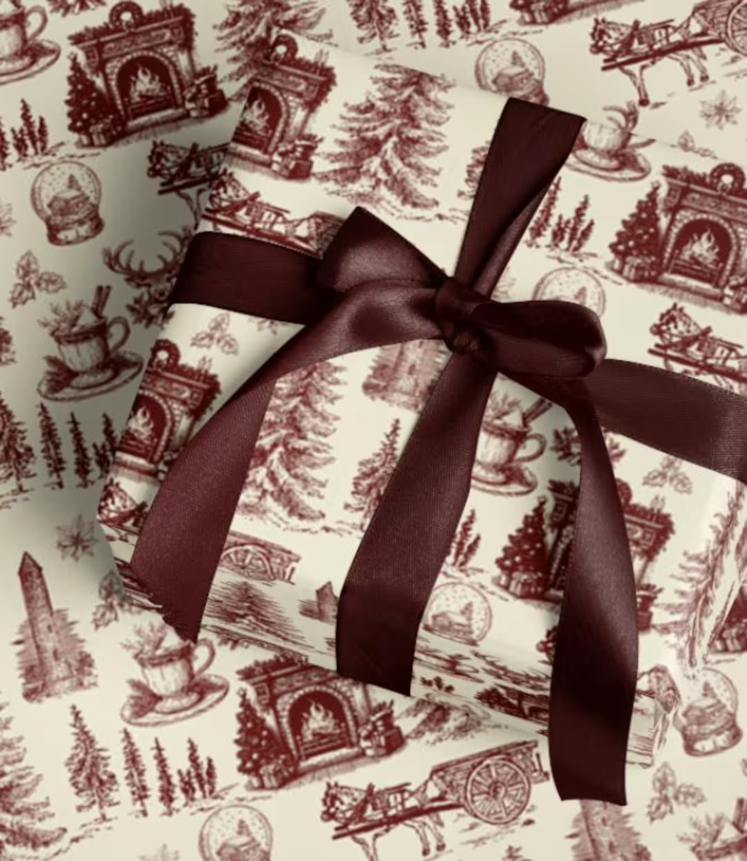 Dark Red Christmas Toile Wrapping Paper, Fireplace, Cup of Cocoa, Snowglobes, Horse and Carriage,... | Etsy (US)