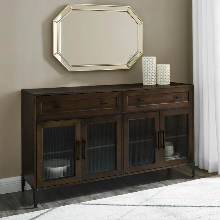 Manor Park Transitional Sideboard with 4 Fluted Glass Doors, Dark Brown Oak | Walmart (US)