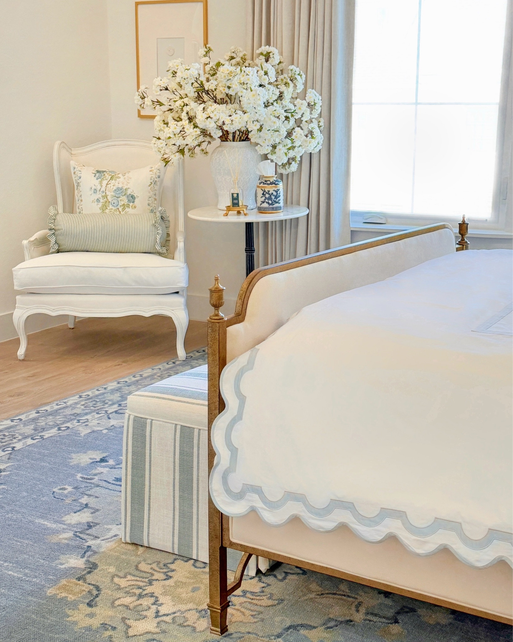 This week’s favorite sale finds are too good not to share 🤍 Save 30% on my bed & luxe scalloped bedding ✨ 20% off this gorgeous chinoiserie print dress (my birthday OOTD 🎂)✨ My beloved chinoiserie tissue holder is back in stock and on sale, too! ✨ 50% off my blue and sage green wool rug✨ My scalloped bedding rarely ever goes on sale so now is the time to grab it! I’ve had this bedding for almost 6 years and I can honestly say that it gets better with every wash 🙌🏻 -  it’s definitely worth the splurge! ✨

#bedroomdesign #traditionalhome #bedroomdecor #amazonhome #homeinspo blue and white decor French furniture luxury bedding French chair traditonal home elegant homes interiors home inspo interior design chinoiserie dresses summer dresses chic duvet cover matouk scallops shams euro sham metal gold bed frame 

Comment SHOP and I’ll send you all the links! 💙