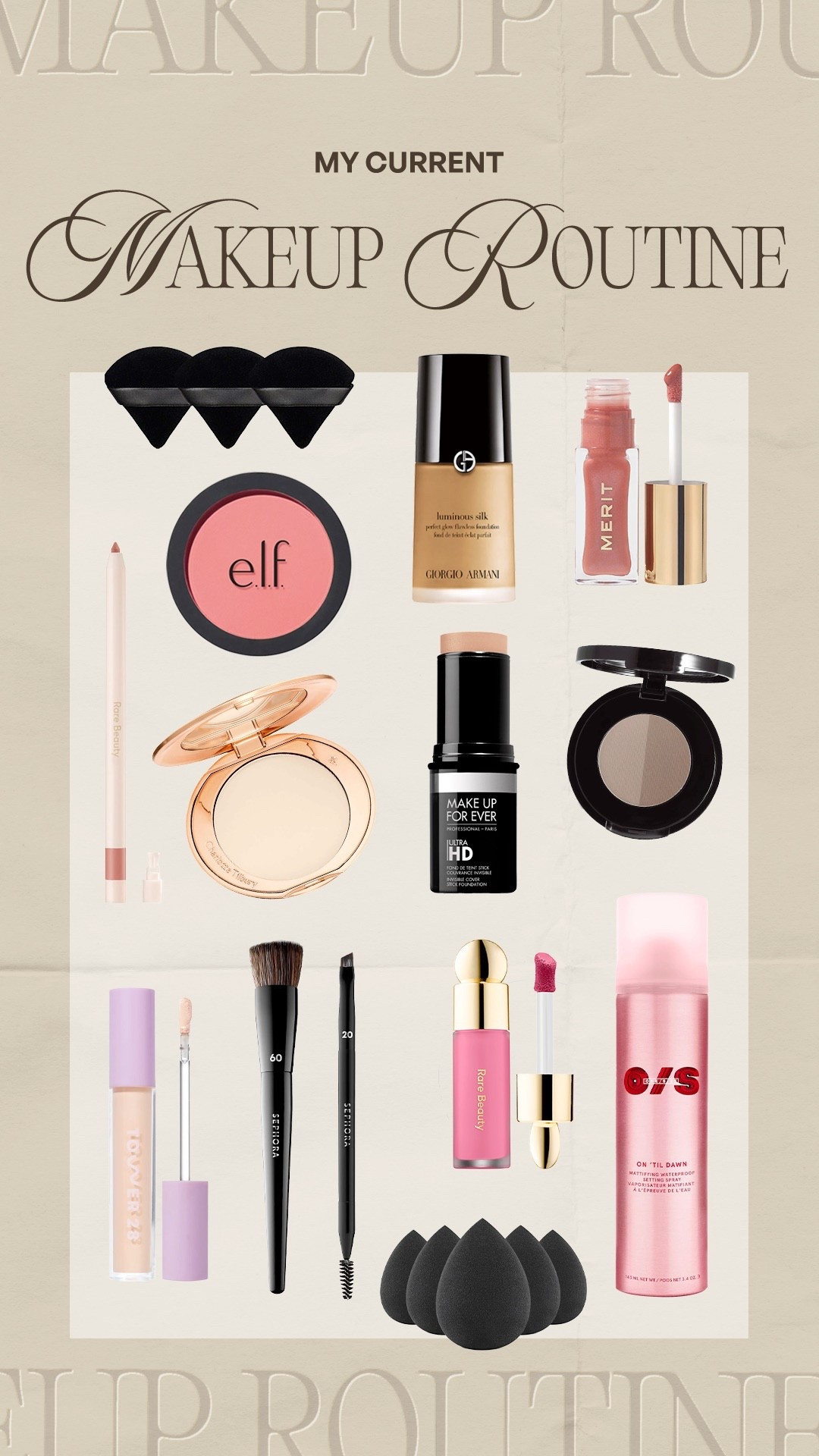 My current makeup routine! Lots on sale for the Sephora sale💖💄

Elf blush- always crushing 
Charlotte Tilbury setting powder- natural 
Anastasia Brow Duo- medium brown
Sephora brow brush- #20
Armani foundation- 6.25
Tower 28 concealer- DTLA
Makeup forever foundation- Y505
Rare beauty blush- Happy
Rare beauty lip liner- Worthy
Merit Lip Oil- Nude Pink 

#LTKSaleAlert #LTKBeauty