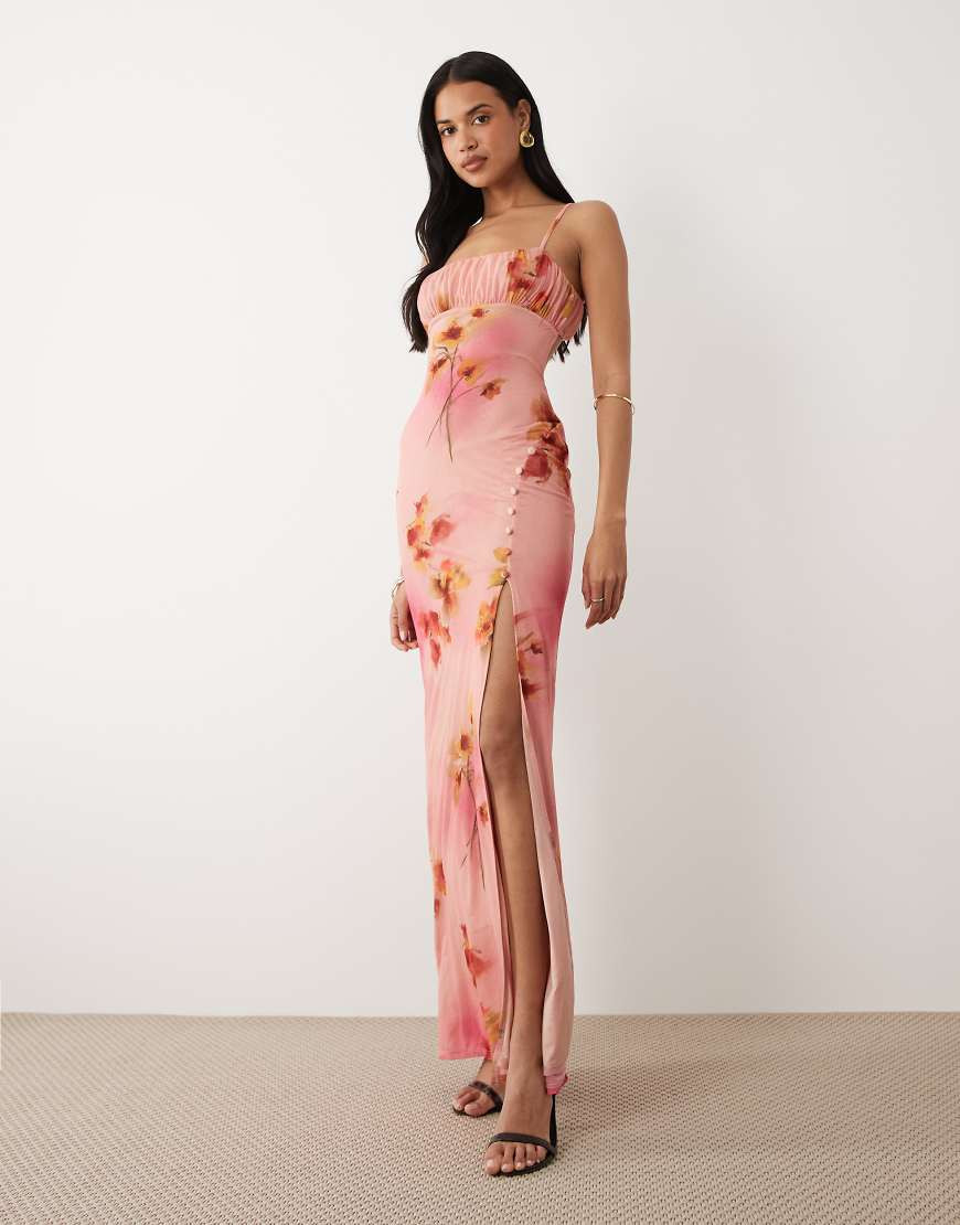 ASOS DESIGN ruched bust stretch chiffon maxi with buttoned up split detail in pink floral | ASOS (Global)