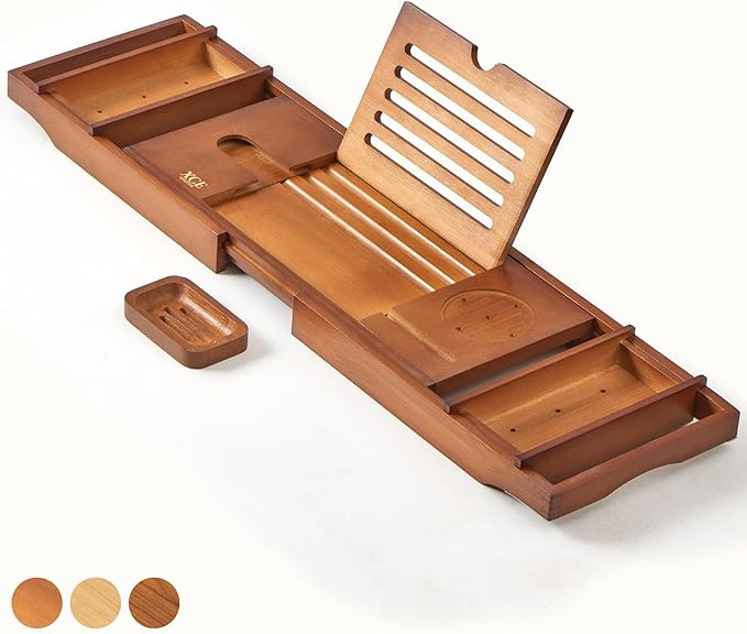 XcE Bathtub Caddy Tray Expandable to 105cm with Bamboo Book Stand and Soap Tray, Brown | Amazon (US)