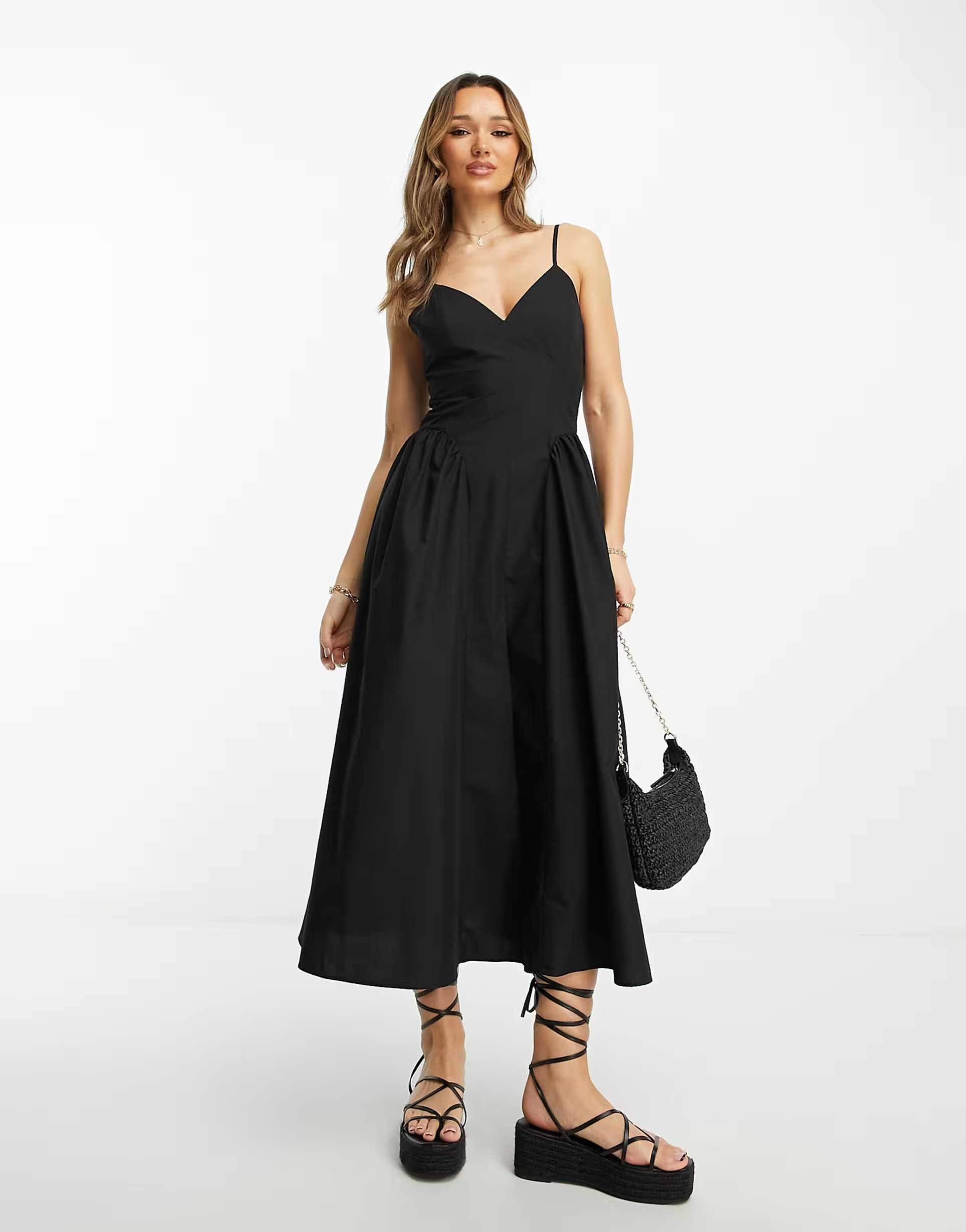 ASOS DESIGN cotton drop waist midi skater dress in black | ASOS (Global)