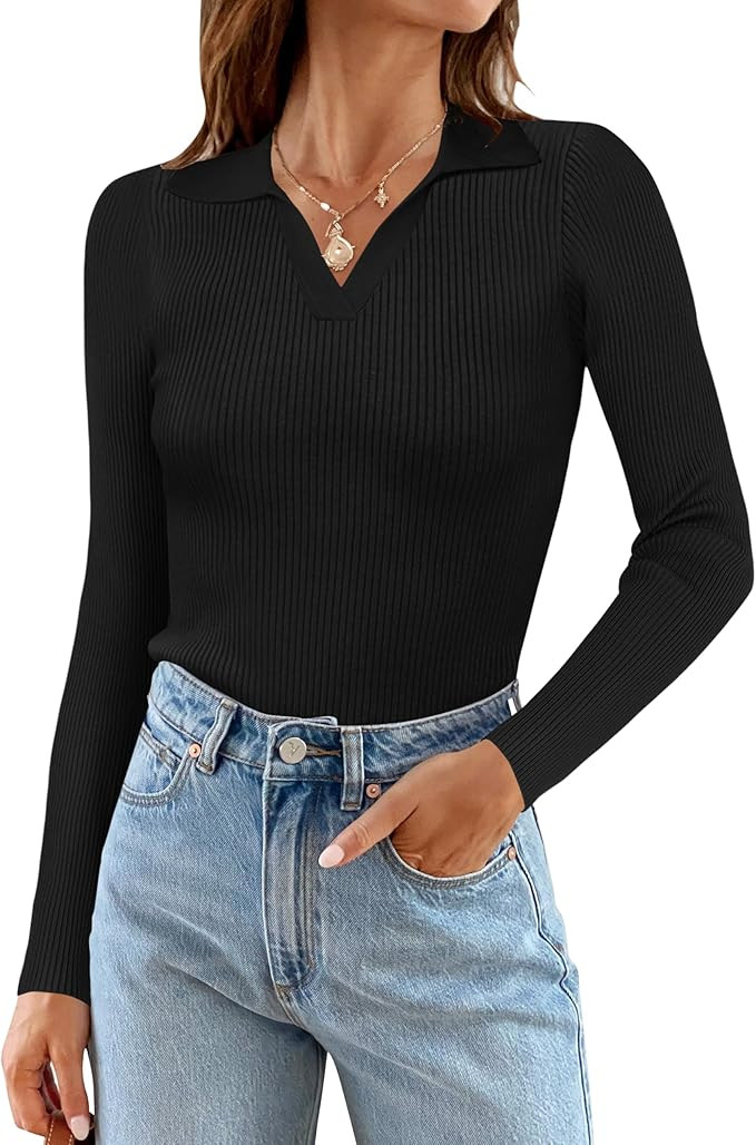 MEROKEETY Womens 2023 V Neck Long Sleeve T Shirts Fitted Elegent Fall Ribbed Knit Casual Tee Tops | Amazon (US)