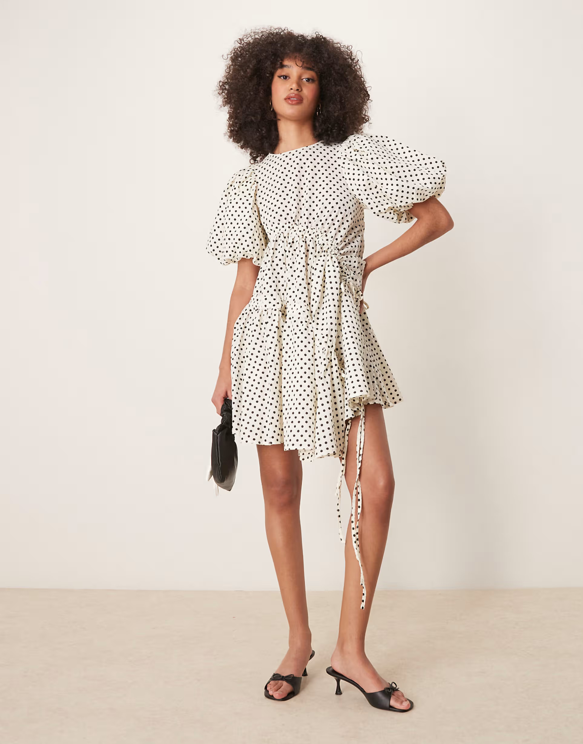 Ghospell ruched asymmetric polka dot mini dress in pearl ivory | ASOS (Global)