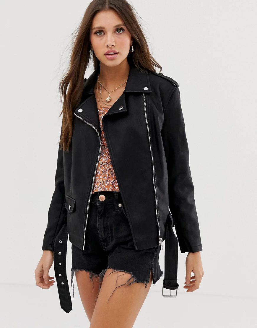 New Look oversized leather look biker jacket in black | ASOS (Global)