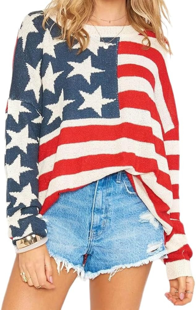 Women’s American Flag Graphic Sweater 4th of July Loose Hollow Out Jumper Patriotic Vintage Cro... | Amazon (US)