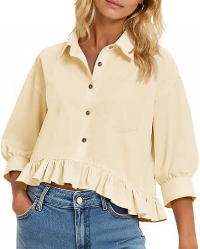 Cicy Bell Womens Cropped Button Down Shirts 3/4 Length Sleeve Casual Cotton Blouses Loose Fit Ruf... | Amazon (US)
