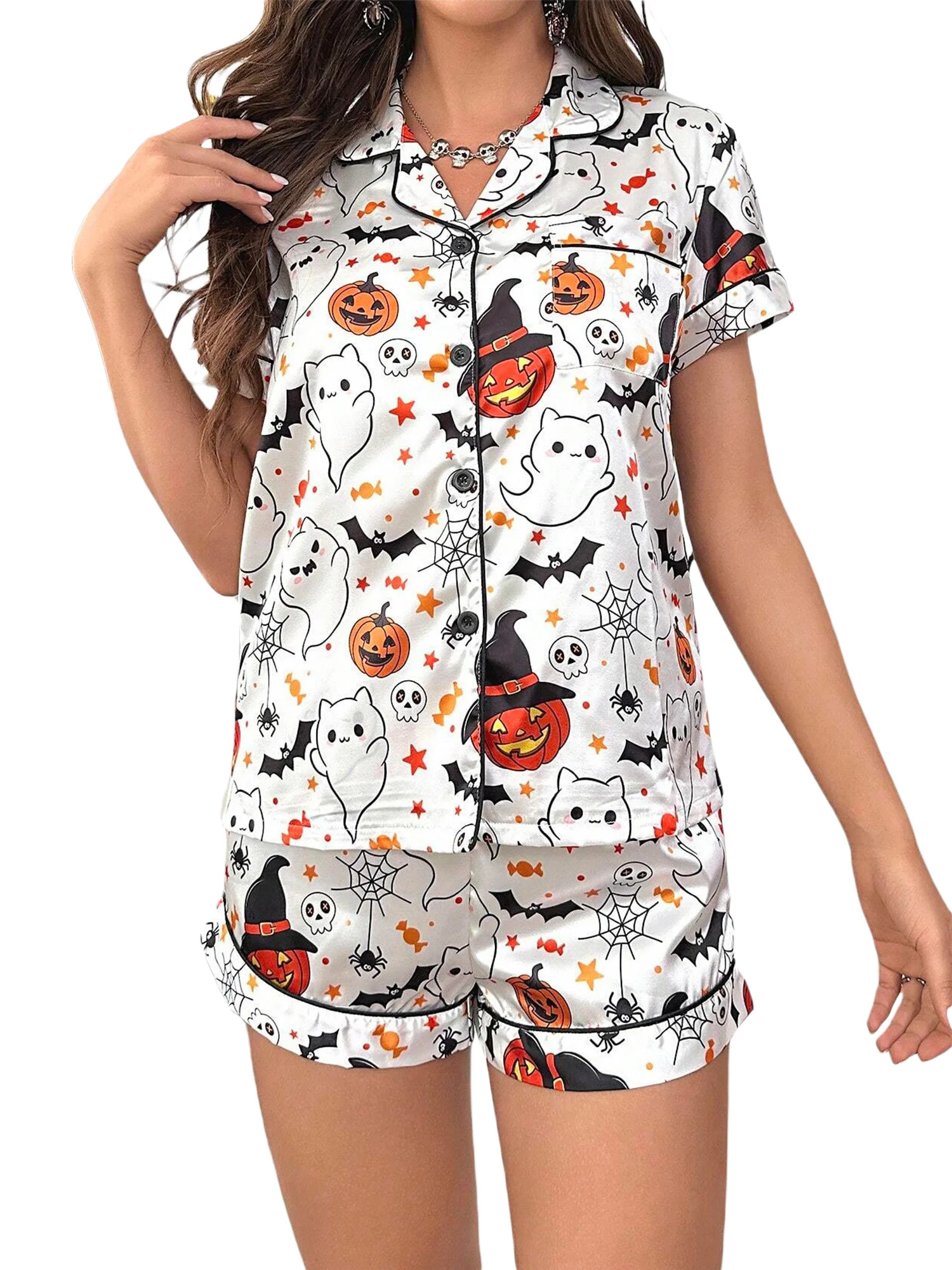 Calsunbaby Women Halloween Pajama Set, Ghost Pumpkin Print Top with Shorts | Walmart (US)