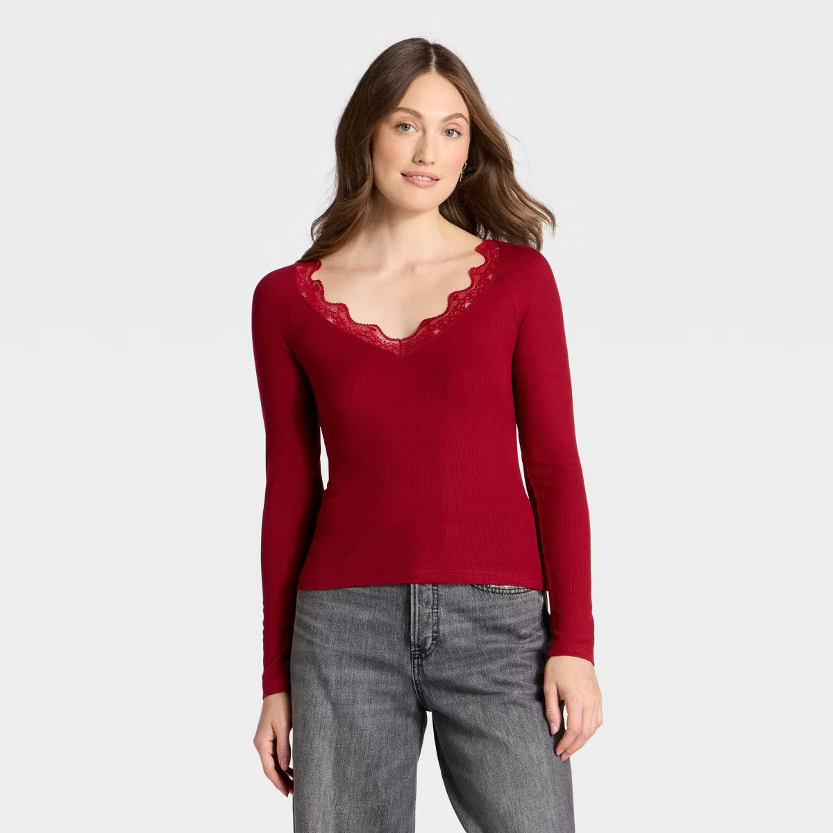 Women's Long Sleeve V-Neck Lace Trim T-Shirt - Universal Thread™ | Target