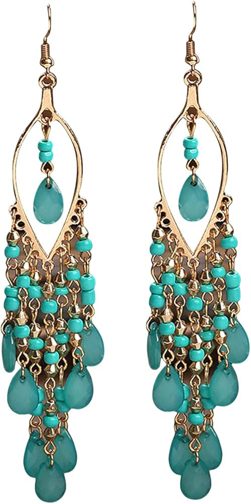 Amazon.com: Essencedelight Crystal Beaded Tassel Earring Long Beaded Dangle Earring Fringe Hook E... | Amazon (US)