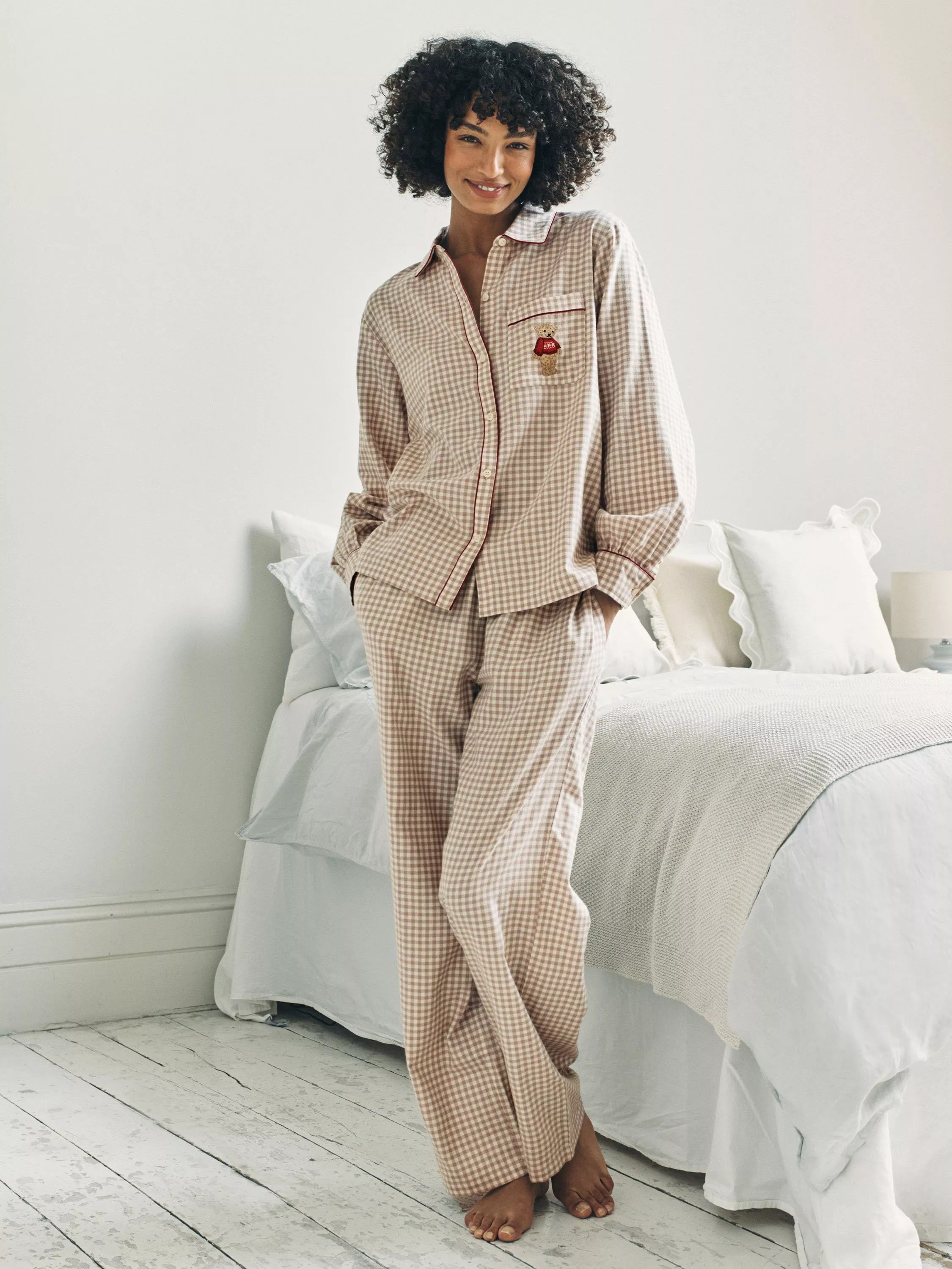 Chelsea Peers Gingham Cockapoo Button Through Long Pyjama Set, Beige | John Lewis (UK)