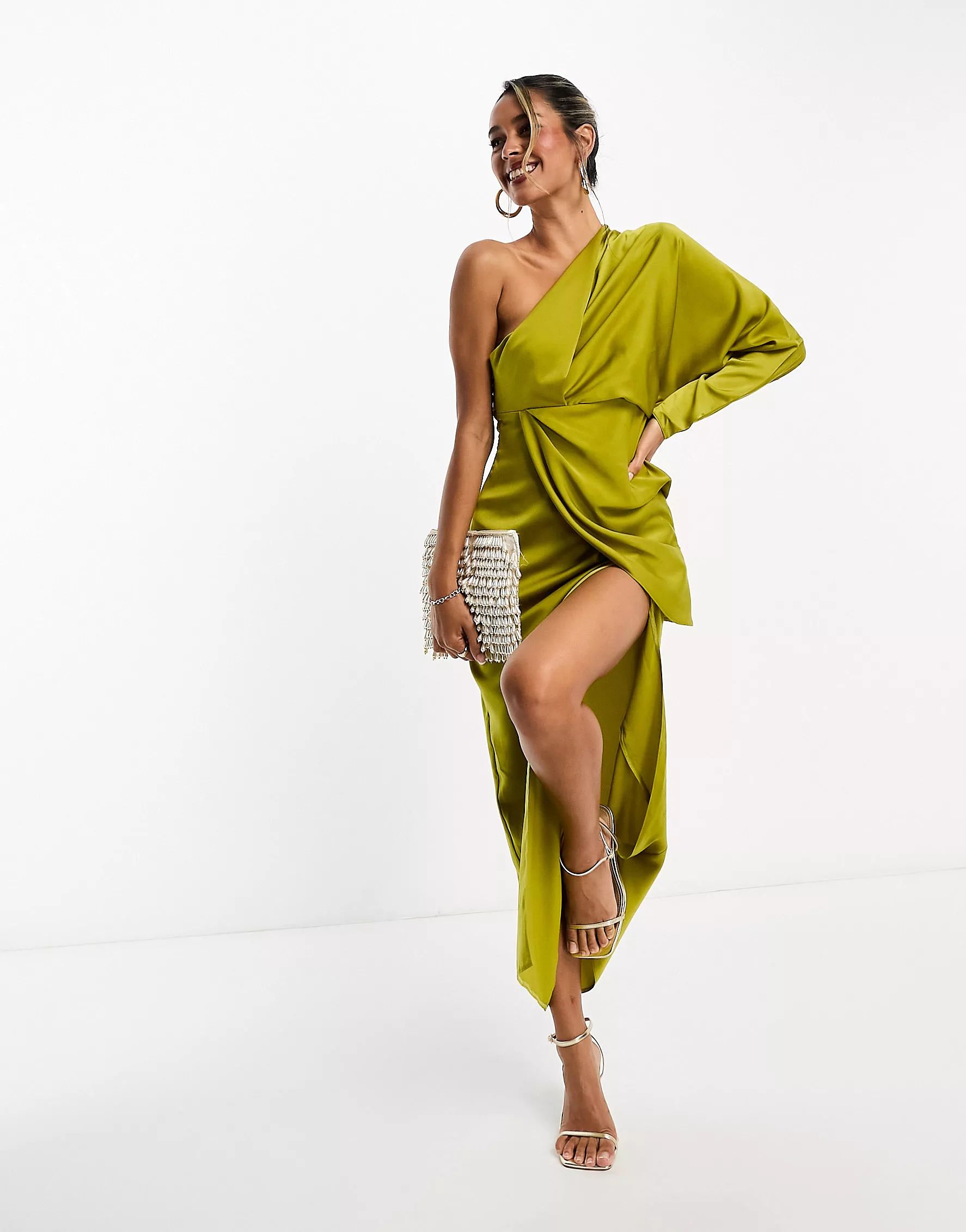 ASOS DESIGN satin one shoulder drape detail midi dress in chartreuse | ASOS | ASOS (Global)