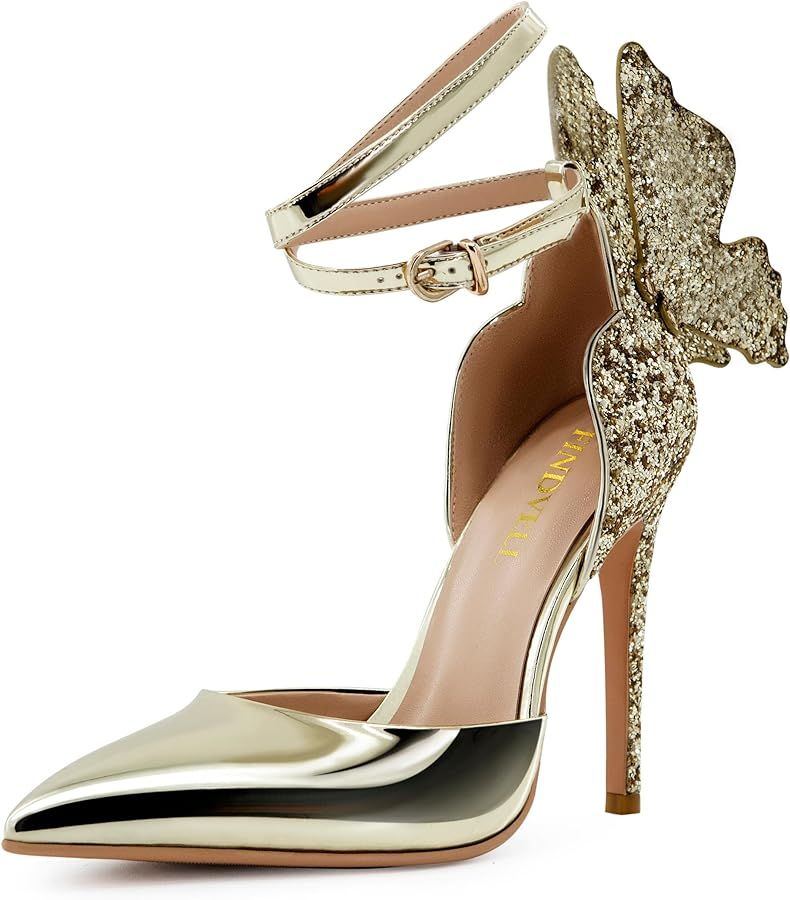 Gold High Heels Butterfly Back Sexy Stiletto Pumps Closed Toe Sparkly Ankle Strap Heels Sandals D... | Amazon (US)