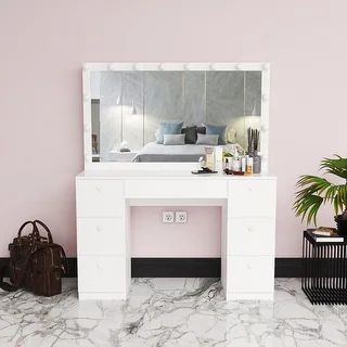 Boahaus  Modern Vanity with Light Bulbs, 07 Drawers, Mirror | Overstock.com Shopping - The Best D... | Bed Bath & Beyond