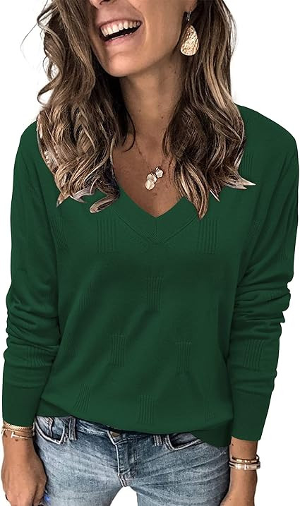 Arach&Cloz Women's V-Neck Long Sleeve Pullover Jumper Special Rib Knitted Pattern Casual Tops Swe... | Amazon (US)