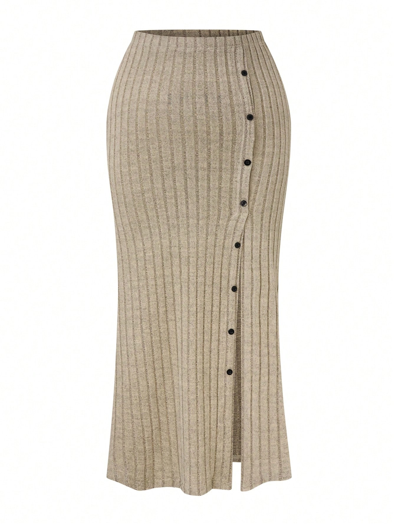 SHEIN Clasi Plus Size Women's Solid Color Ribbed Button Design Split Hem Casual Skirt | SHEIN