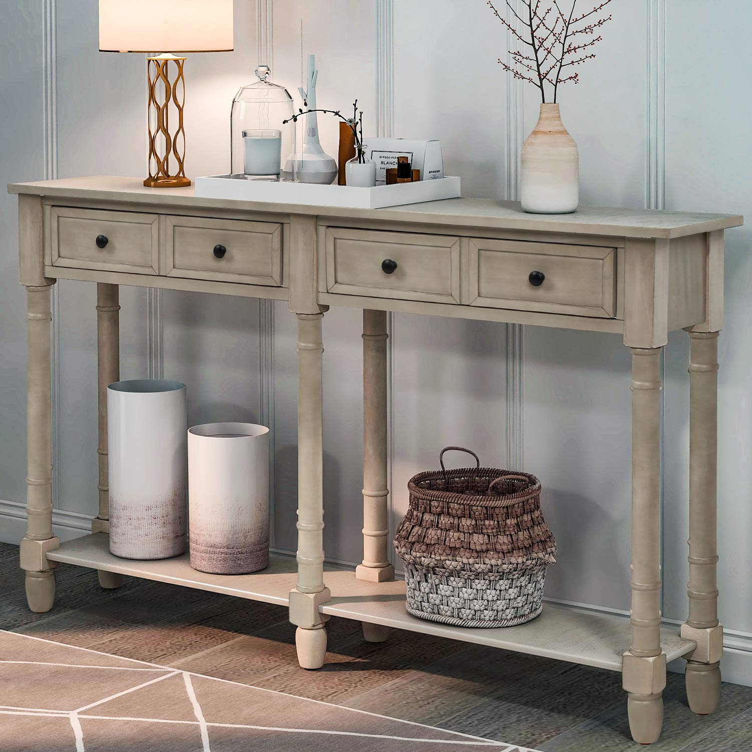 Knocbel 58in Long Accent Entry Console Table with Drawers & Bottom Open Shelf, Solid Wood Sofa Couch Side Table for Entryway Hallway Living Room (Grey Wash) | Amazon (US)