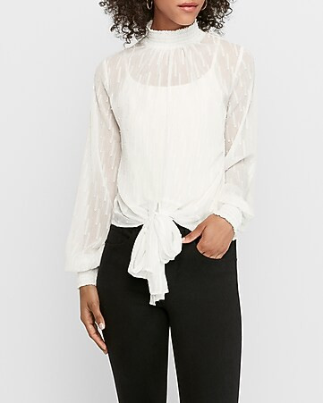 mock neck smocked blouse | Express
