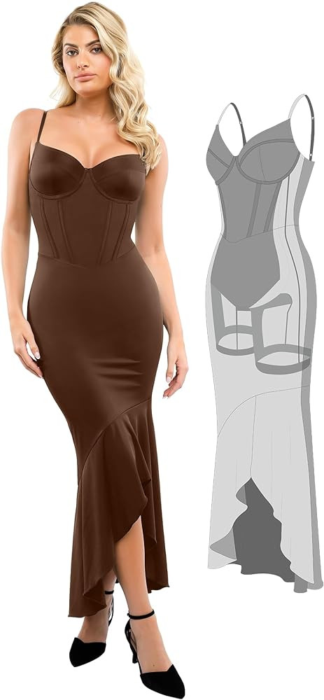 Popilush Corset Dress Built in Shapewear - Formal Dress for Women Deep V Neck Maxi Slip Bridesmai... | Amazon (US)