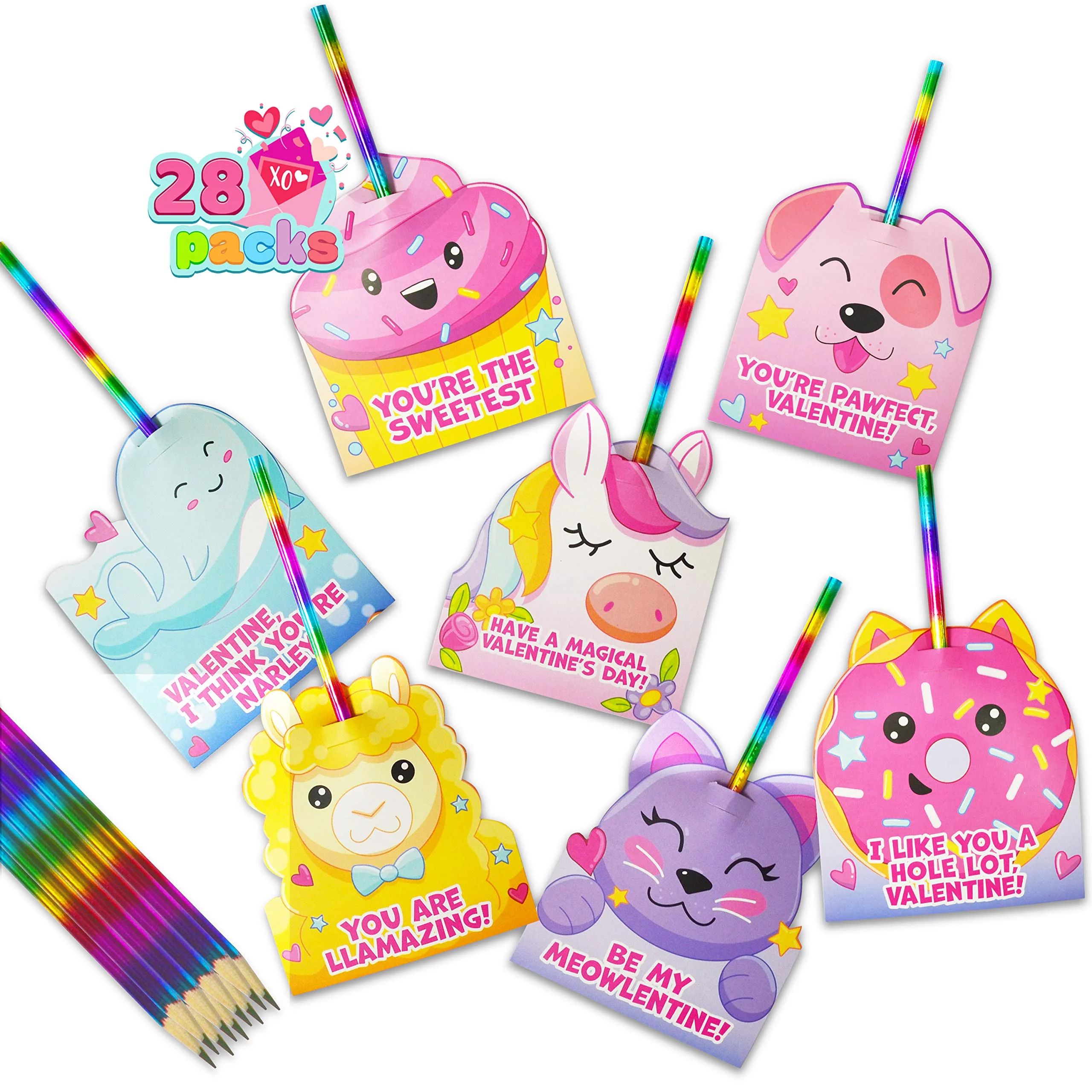 JOYIN 28pcs Valentines Cards with Rainbow Pencil for Kids Party Favors, Classroom Prize Supplies,... | Walmart (US)