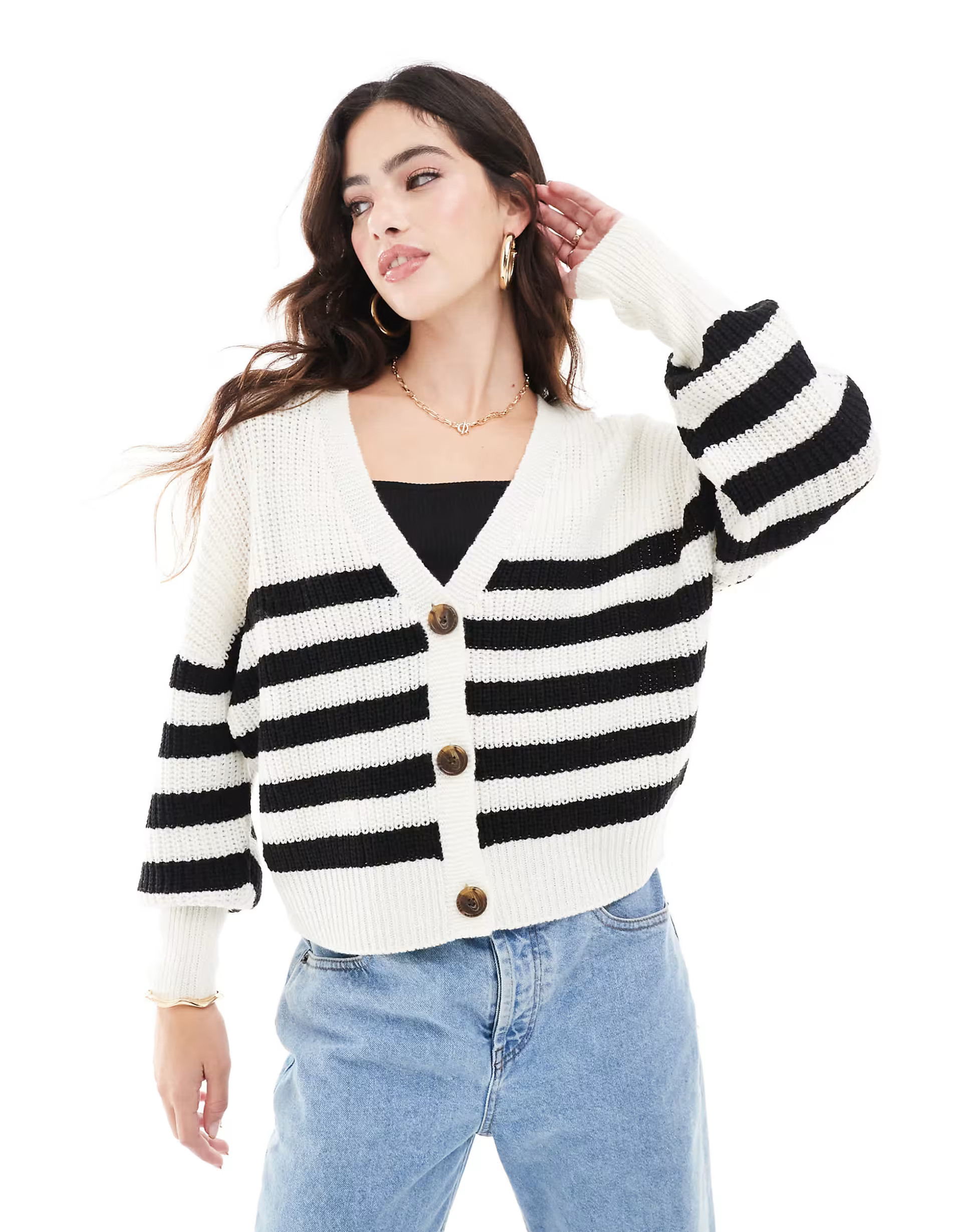 Vero Moda button through chunky rib cardigan in white and black stripe | ASOS (Global)