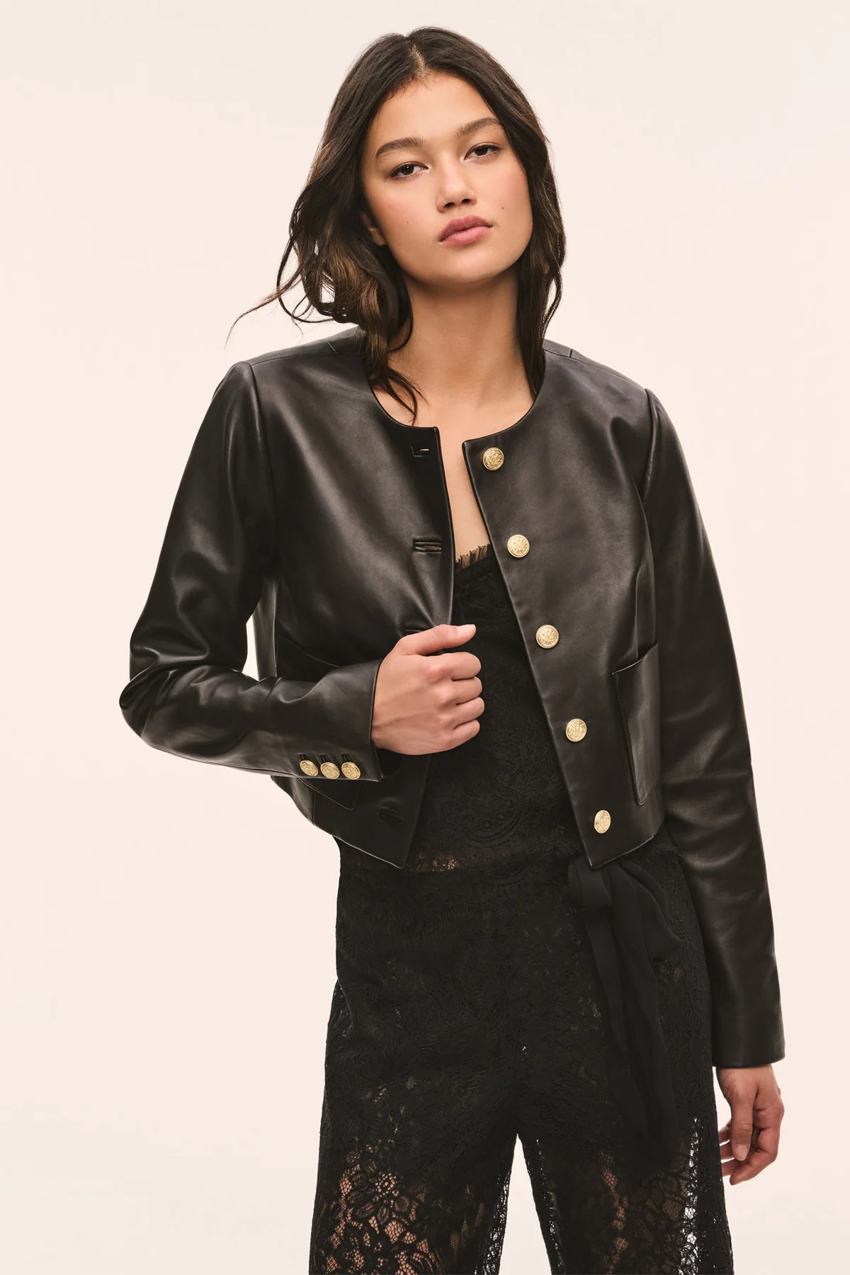 Carlatta Collarless Leather Jacket | LoveShackFancy