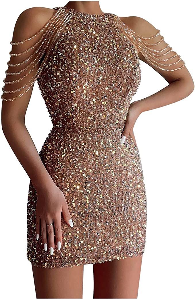 Women's Cocktail Dresses Sleeveless Backless Sequin Evening Party Formal Dress Elegant Sexy Off S... | Amazon (US)