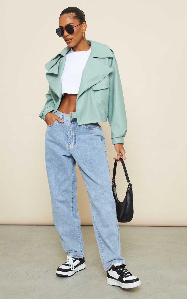 Sage Textured Look Faux Leather Biker Jacket | PrettyLittleThing UK