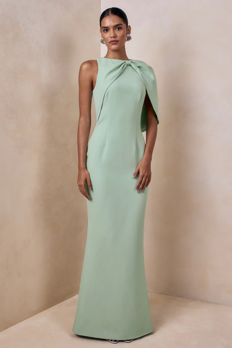 Quira  Mint Asymmetric-Neck Maxi Dress With Cape-Sleeve | Club L London