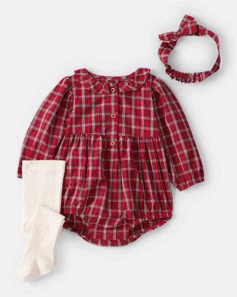 Baby Girl 3-Piece Plaid Print Long-Sleeve Bodysuit, Headwrap & Tights Set - Red | Carter's Inc