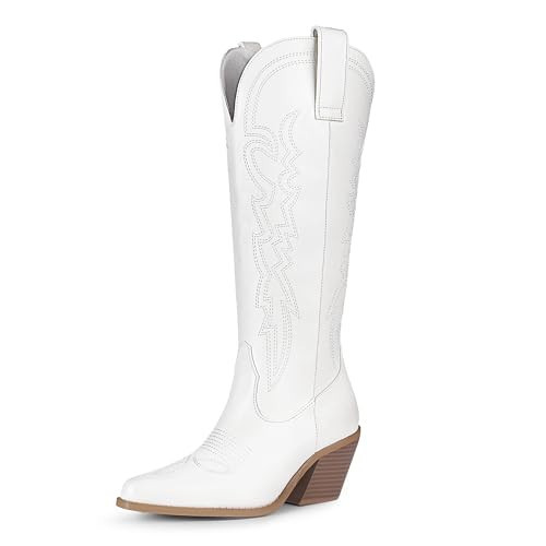 IDIFU White Cowboy Boots for Women Cowgirl Knee High Western Embroidered Booties Side Zipper Low Block Chunky Heel Pull on Pointed Toe Tall Booties Cute Wedding Bride Dress Long Boots(White Pu, 11) | Amazon (US)