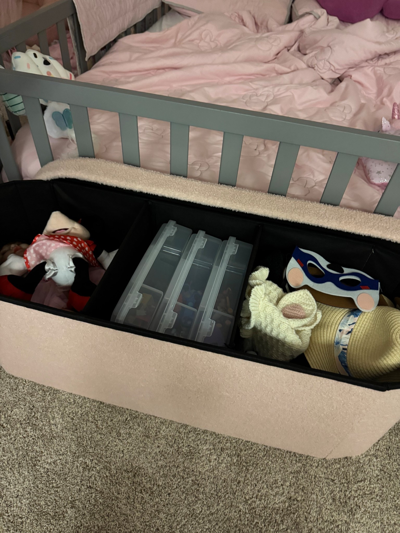 Kids end of the bed storage bench. Perfect for throwing in all the random toys, accessories and stuffies. I love how they fit these clear plastic storage bins that I use to organize all their little toys like Polly pockets, Barbie things, tiny princess sets, etc. 

Toddler room. Kids room storage. Storage bench. Girls room. 

#LTKKids #LTKHome