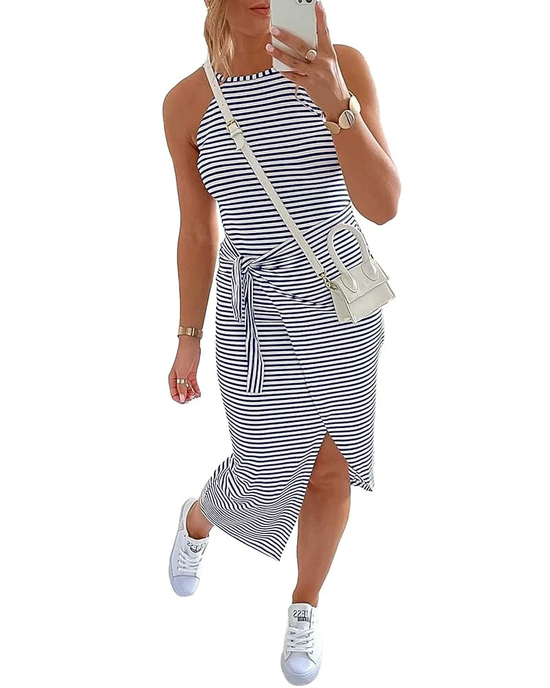 NOLLSOM Women Casual Sleeveless Striped Tank Midi Dresses Halter Neck Ruched Bodycon Dresses Tie ... | Amazon (US)