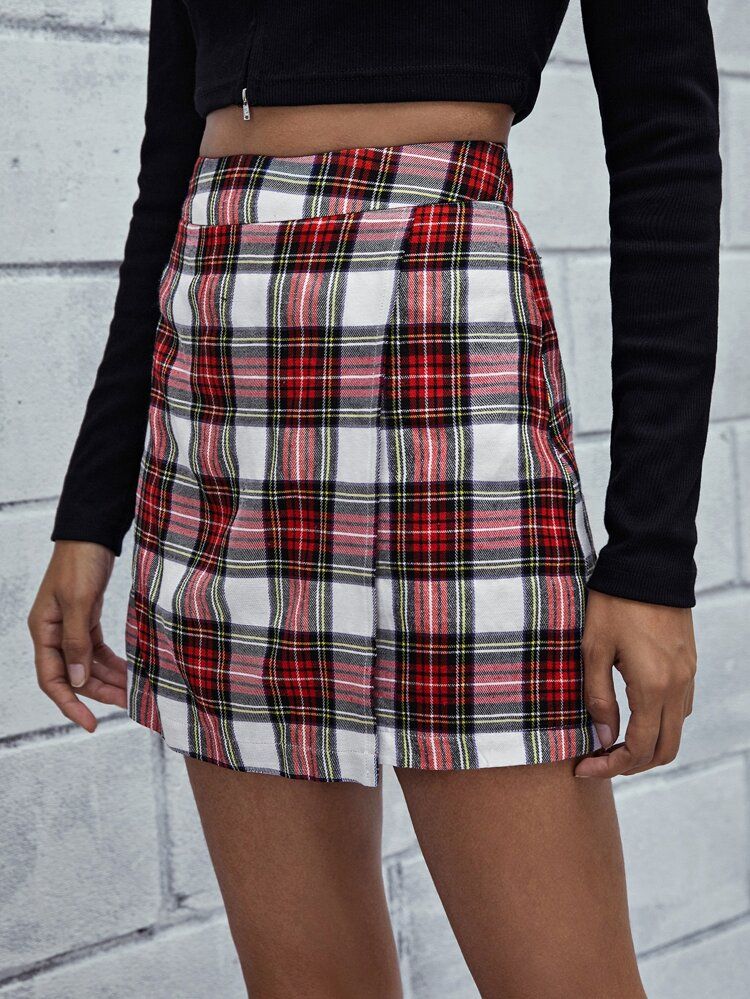 SHEIN Zipper Side Asymmetrical Hem Tartan Skirt | SHEIN