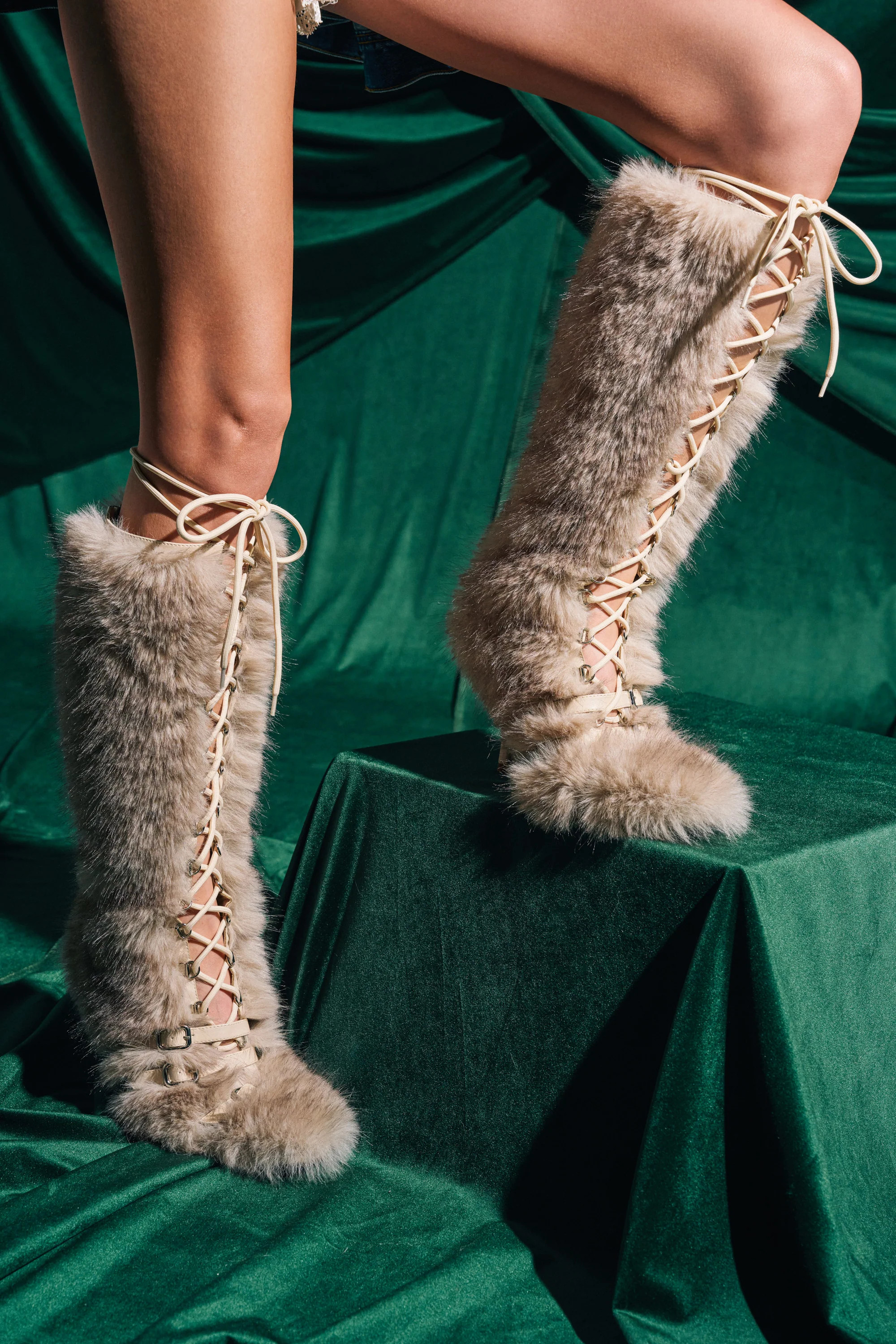 AZALEA WANG LOURDANNE IVORY FUR LACE UP BOOT | AKIRA