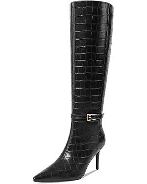 Knee High Boots Women Stiletto High Heel 3.3in, Side Zipper Pointed Toe Metal Buckle Tall Boots D... | Amazon (US)