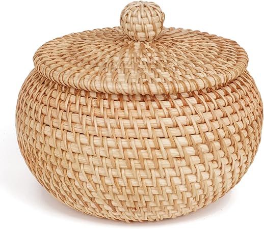 Rattan Round Basket with Lid, Rattan Storage Basket with Lid, Bread Food Basket Fruit Snacks Bask... | Amazon (US)