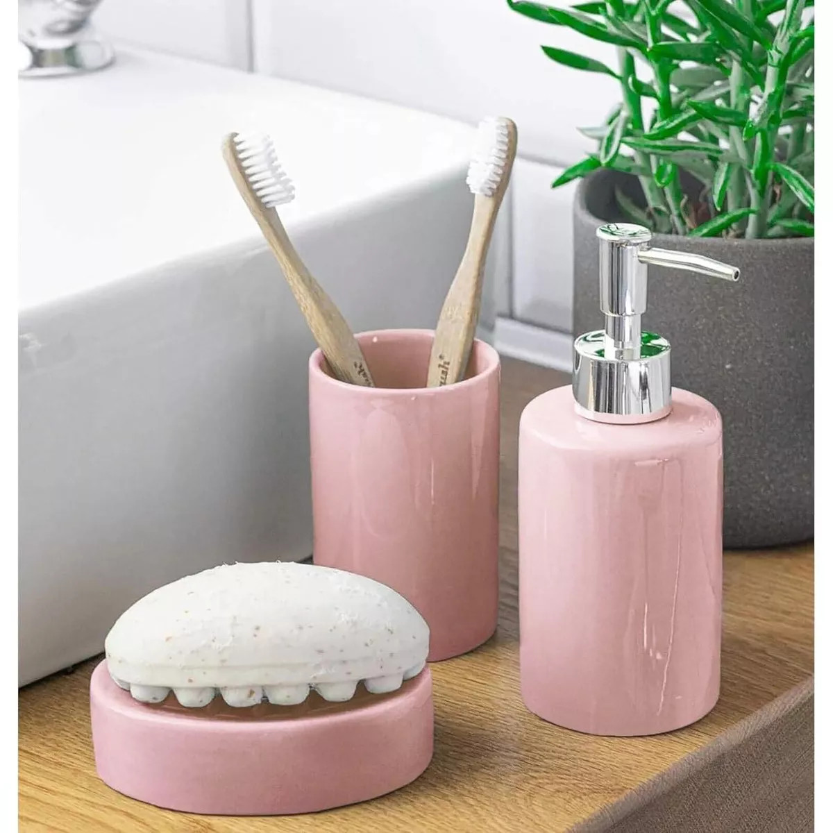 Home Mart Goods Pink Dolomite Bathroom Accessories Set - Soap Dispenser, Soap Dish & Tumbler | Target