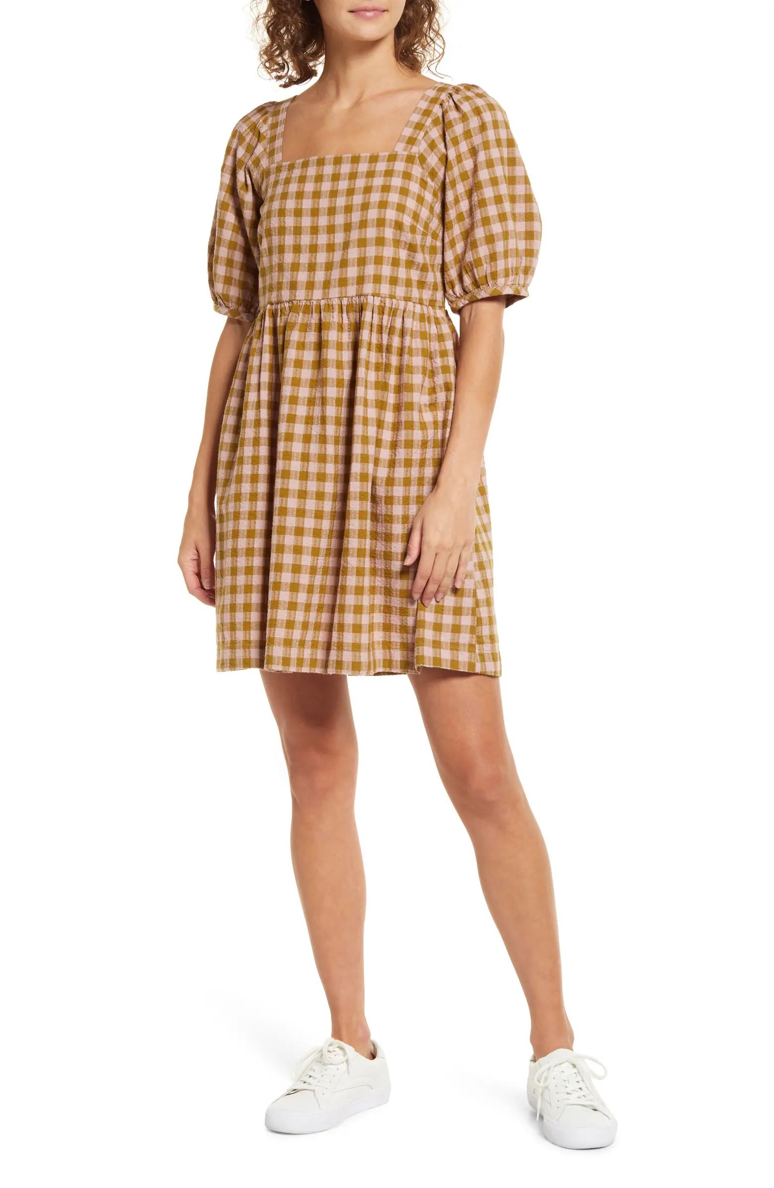 Gingham Seersucker Square Neck Puff Sleeve Minidress | Nordstrom