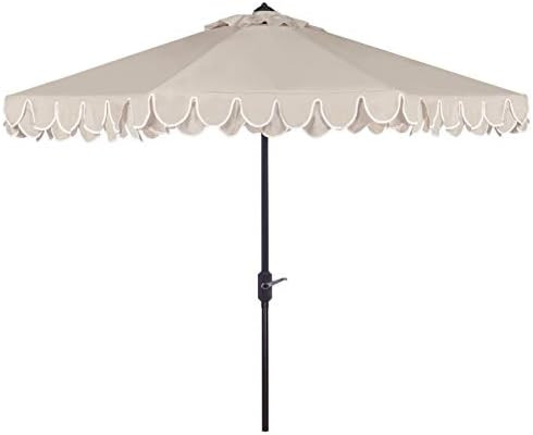 SAFAVIEH Outdoor - Valance 9-Foot Crank Patio Umbrella - Beige & White Canopy - Brown Aluminum Po... | Amazon (US)