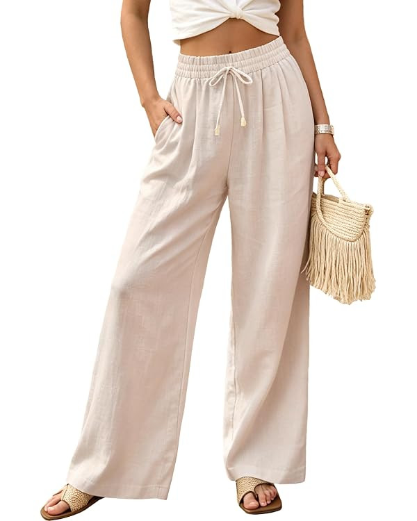Womens Linen Pants with Pockets High Waisted Linen Drawstring Pants Wide Leg Petite Palazzo Pants... | Amazon (US)
