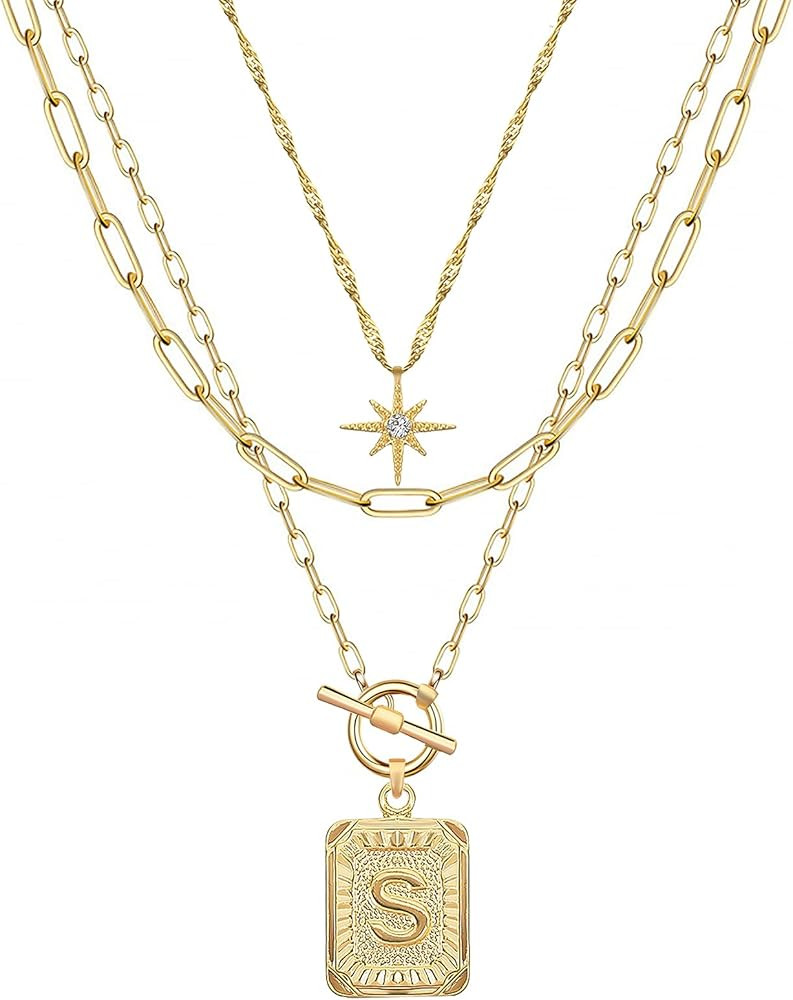MJartoria Layered Initial Necklaces for Women Trendy, 14K Gold Plated Simple Star Choker Square L... | Amazon (US)
