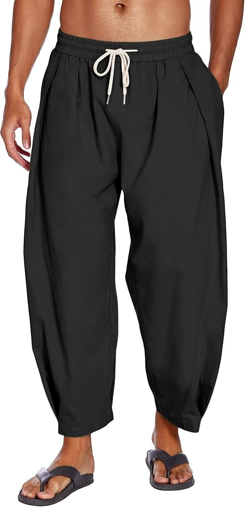 COOFANDY Men's Cotton Linen Harem Pants Drawstring Casual Cropped Trousers Lightweight Loose Beac... | Amazon (US)