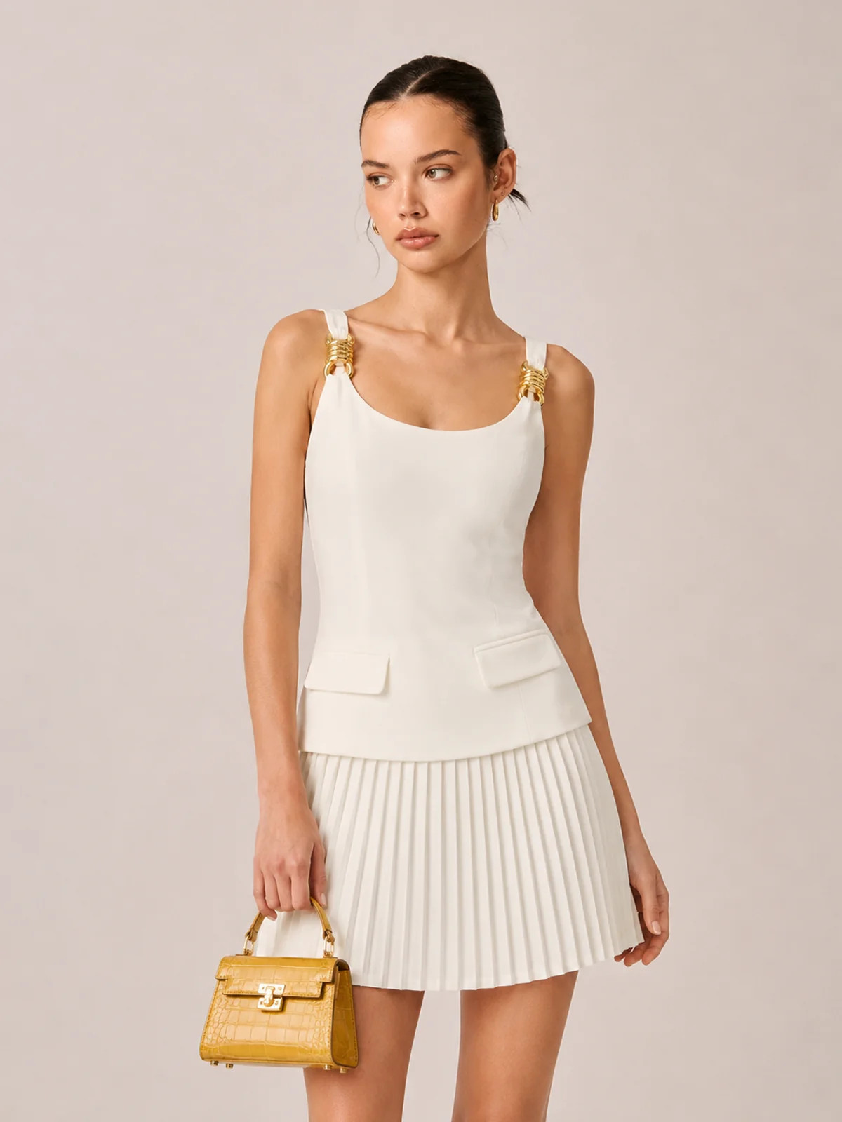 Metal Detail Pleated Mini Dress | Commense