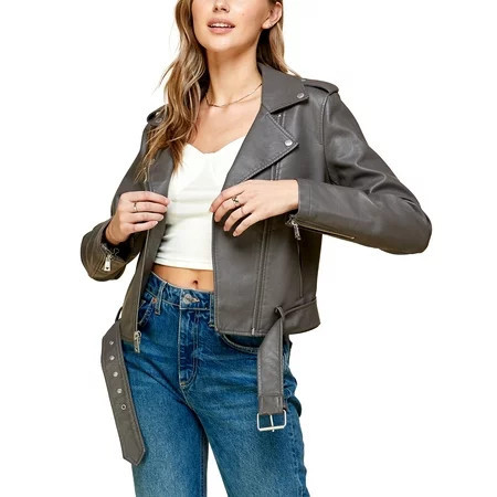 Made by Johnny Women s Asymmetrical Faux Lether Belted Moto Jacket S GREY | Walmart (US)